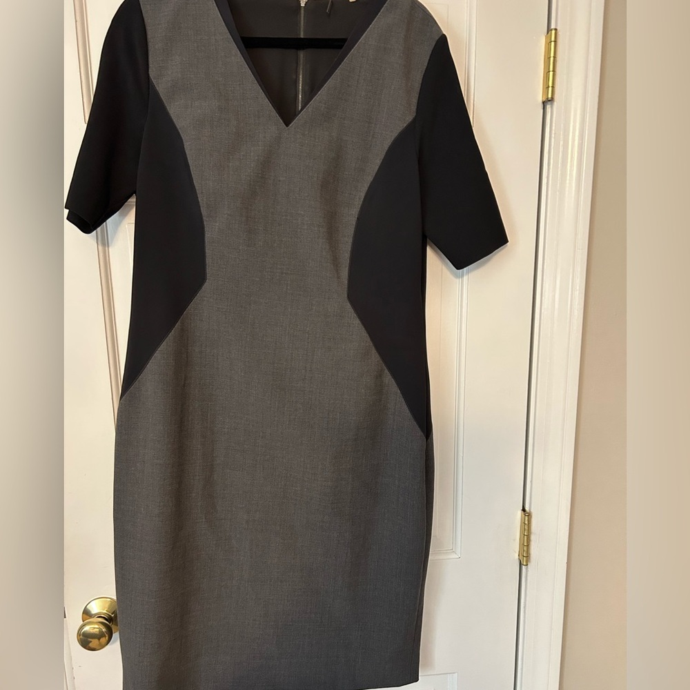 Elie Tahari Gray and Black V-Neck Midi Sheath Dress